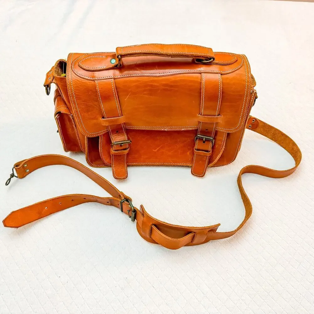English Briddle Laptop Messenger Bag Tan/Leather EUC